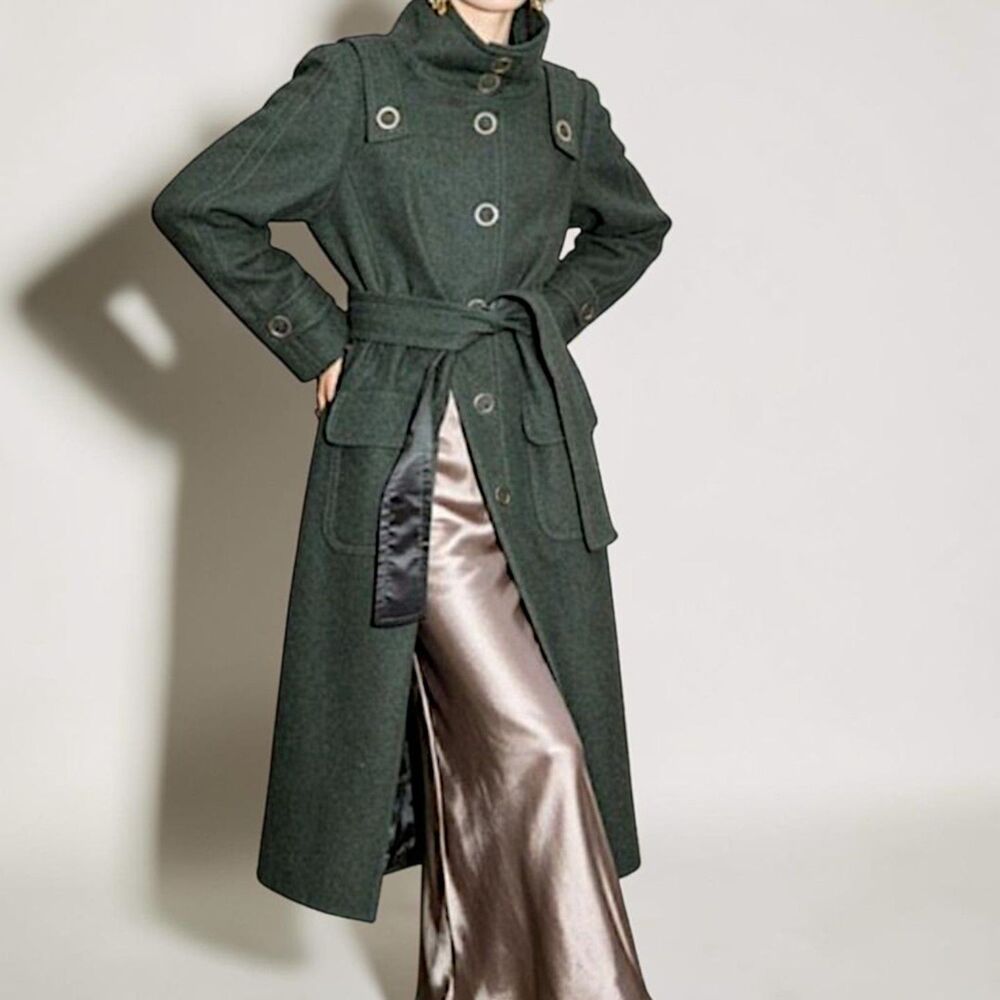 Escada Olive Green Funnel Neck Military Style Wool Long Coat